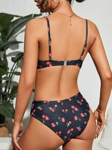 SHEIN Swim Cherry Print Frill Trim Underwire Summer Beach Bikini Set - Multicolor - View 2