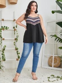 Mulvari Plus Contrast Geo Print Cami Top - Black - View 3