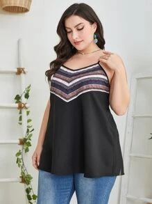 Mulvari Plus Contrast Geo Print Cami Top - Black - View 4