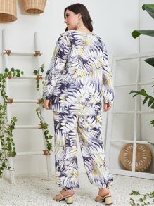 Mulvari Plus Tropical Print Lantern Sleeve Top & Trousers - Multicolor - View 2