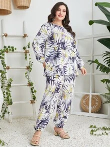 Mulvari Plus Tropical Print Lantern Sleeve Top & Trousers - Multicolor - View 3