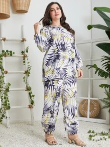 Mulvari Plus Tropical Print Lantern Sleeve Top & Trousers - Multicolor - View 4