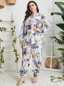 Mulvari Plus Tropical Print Lantern Sleeve Top & Trousers - Multicolor - View 1