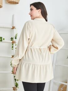 Mulvari 大碼幾何織帶燈籠袖流蘇腰帶荷葉邊下擺襯衫