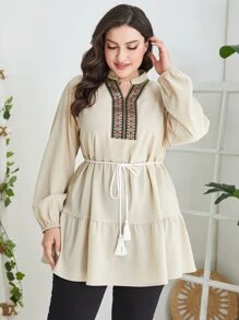 Mulvari 大碼幾何織帶燈籠袖流蘇腰帶荷葉邊下擺襯衫