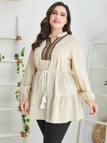 Mulvari 大碼幾何織帶燈籠袖流蘇腰帶荷葉邊下擺襯衫