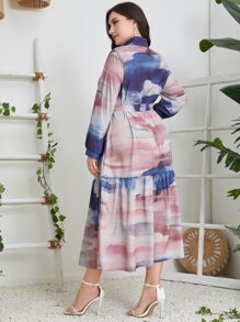 Modelyn Vestido con cinturón de tie dye de manga farol - Multicolor - Ver 2