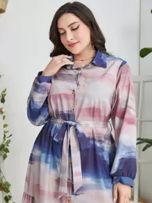 Modelyn Vestido con cinturón de tie dye de manga farol - Multicolor - Ver 3