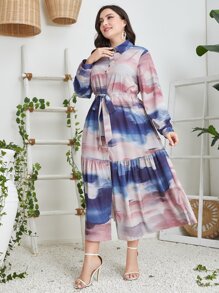 Modelyn Vestido con cinturón de tie dye de manga farol - Multicolor - Ver 1