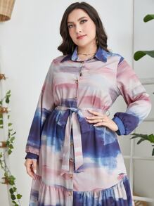 Modelyn Vestido con cinturón de tie dye de manga farol - Multicolor - Ver 5