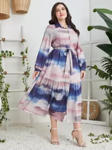 Modelyn Vestido con cinturón de tie dye de manga farol - Multicolor - Ver 6