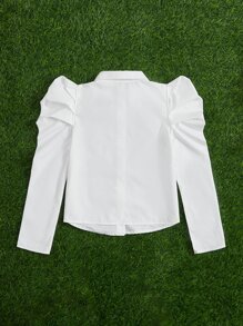 SHEIN Tween Girl Elegant Turndown Collar Gigot Sleeve Button-Up Solid Color Long Sleeve Blouse, Spring/Summer - White - View 3