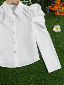 SHEIN Tween Girl Elegant Turndown Collar Gigot Sleeve Button-Up Solid Color Long Sleeve Blouse, Spring/Summer - White - View 4