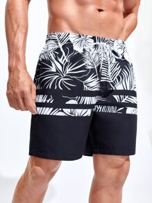 Surfspeed Hombres Shorts de natación con estampado tropical de cintura con cordón - Blanco y Negro - Ver 1