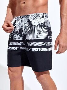 Surfspeed Hombres Shorts de natación con estampado tropical de cintura con cordón - Blanco y Negro - Ver 3