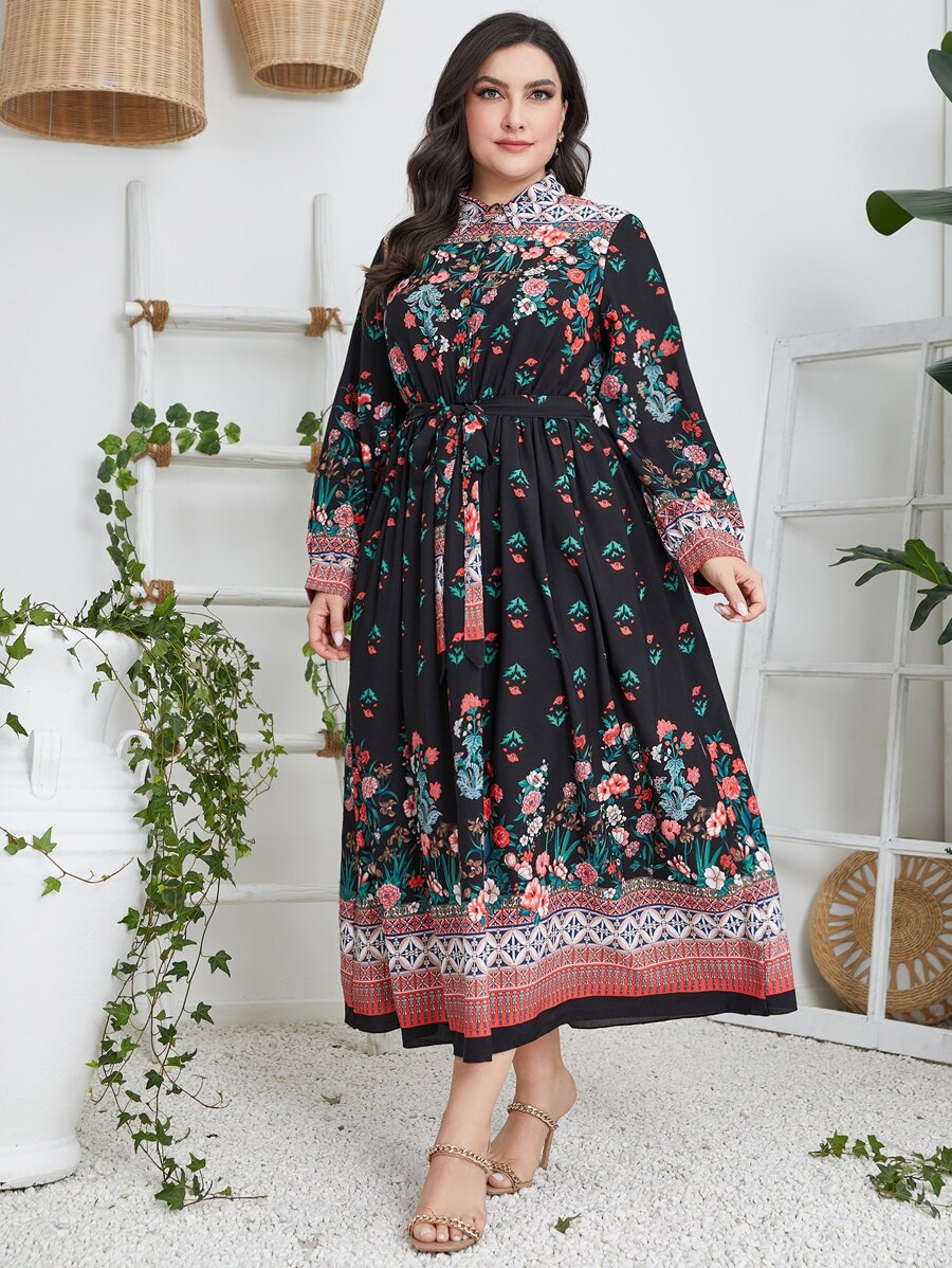 Mulvari Plus Floral Print Lantern Sleeve Dress - Multicolor - View 1