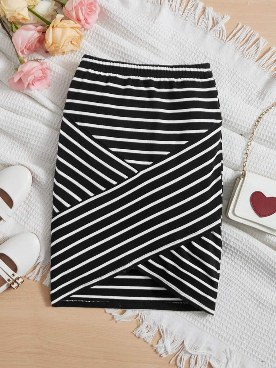 SHEIN 女孩條紋印花半身裙 - 黑與白 - 查看 1