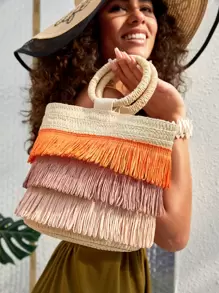 SHEIN SXY Thanh lịch Quý cô Khối màu Viền rìa Túi Rơm , Hoàn hảo Cho mùa hè bờ biển Du lịch Kỳ nghỉ , Ngày lễ , Ngoài trời - Màu be - Xem 1