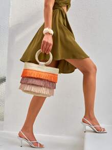 SHEIN SXY Thanh lịch Quý cô Khối màu Viền rìa Túi Rơm , Hoàn hảo Cho mùa hè bờ biển Du lịch Kỳ nghỉ , Ngày lễ , Ngoài trời - Màu be - Xem 2