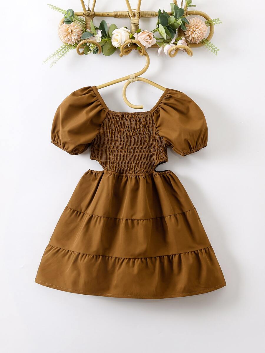 SHEIN Young Girl Puff Sleeve Cut Out Ruffle Hem Dress - Brown - View 1