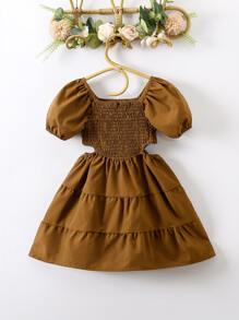 SHEIN Young Girl Puff Sleeve Cut Out Ruffle Hem Dress - Brown - View 2