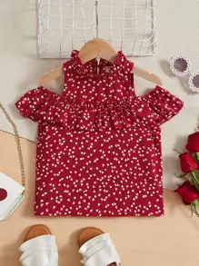 SHEIN Girls Heart Print Cold Shoulder Blouse - Red and White - View 1