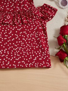 SHEIN Girls Heart Print Cold Shoulder Blouse - Red and White - View 3