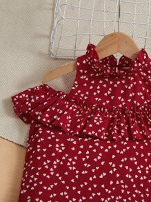 SHEIN Girls Heart Print Cold Shoulder Blouse - Red and White - View 4