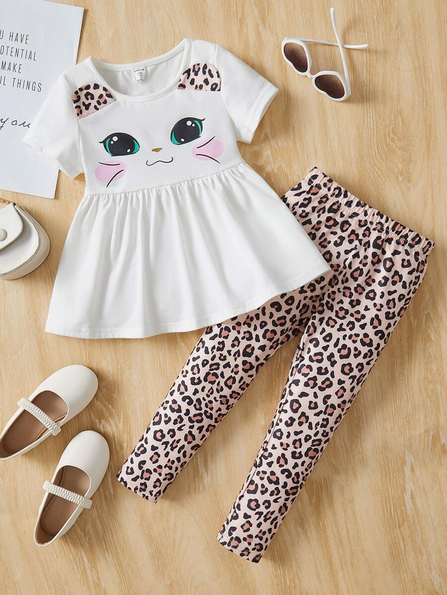 SHEIN 小女童卡通圖案3D耳朵設計荷葉邊下擺T恤和豹紋緊身打底褲 - 彩色 - 查看 1