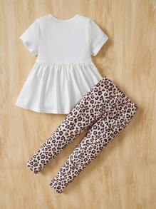 SHEIN 小女童卡通圖案3D耳朵設計荷葉邊下擺T恤和豹紋緊身打底褲 - 彩色 - 查看 2