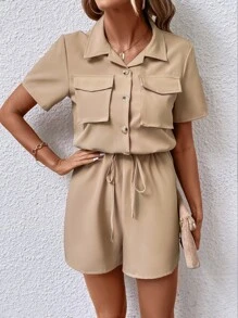 SHEIN LUNE Flap Pocket Drawstring Waist Shirt Romper - Khaki - View 1