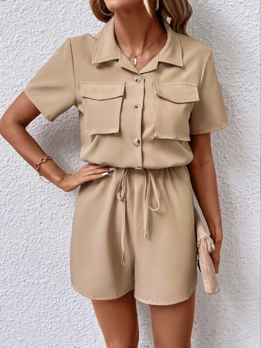 SHEIN LUNE Flap Pocket Drawstring Waist Shirt Romper - Khaki - View 1