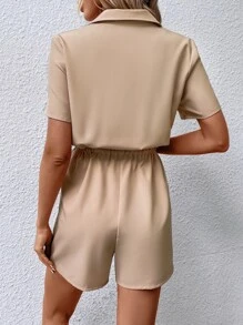 SHEIN LUNE Flap Pocket Drawstring Waist Shirt Romper - Khaki - View 2