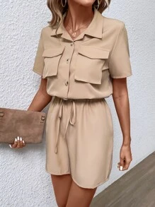 SHEIN LUNE Flap Pocket Drawstring Waist Shirt Romper - Khaki - View 4