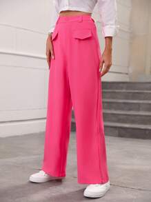 SHEIN Essnce Solid High Waist Flap Detail Wide Leg Trousers - Hot Pink - View 1