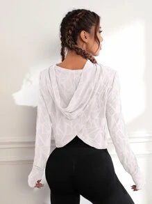 Easithlete Geo Print Hooded Asymmetrical Hem Sports Sweatshirt Fall Sweatshirts - White - View 2