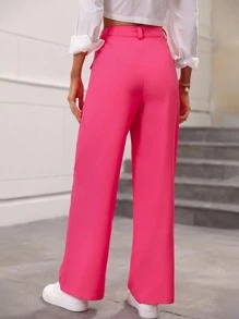 SHEIN Essnce Solid High Waist Flap Detail Wide Leg Trousers - Hot Pink - View 2
