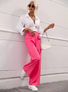 SHEIN Essnce Solid High Waist Flap Detail Wide Leg Trousers - Hot Pink - View 3
