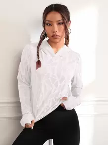 Easithlete Geo Print Hooded Asymmetrical Hem Sports Sweatshirt Fall Sweatshirts - White - View 4