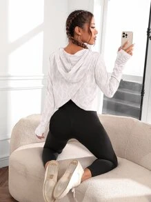 Easithlete Geo Print Hooded Asymmetrical Hem Sports Sweatshirt Fall Sweatshirts - White - View 5