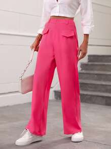 SHEIN Essnce Solid High Waist Flap Detail Wide Leg Trousers - Hot Pink - View 4