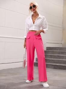 SHEIN Essnce Solid High Waist Flap Detail Wide Leg Trousers - Hot Pink - View 5