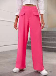 SHEIN Essnce Solid High Waist Flap Detail Wide Leg Trousers - Hot Pink - View 6