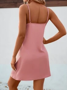 SHEIN Clasi 素色前紐扣落肩袖襯衫和吊帶連衣裙 - 粉色 - 查看 3