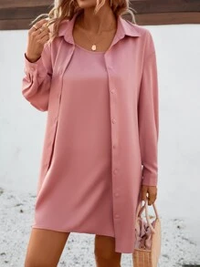 SHEIN Clasi 素色前紐扣落肩袖襯衫和吊帶連衣裙 - 粉色 - 查看 5