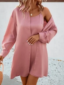 SHEIN Clasi 素色前紐扣落肩袖襯衫和吊帶連衣裙 - 粉色 - 查看 7