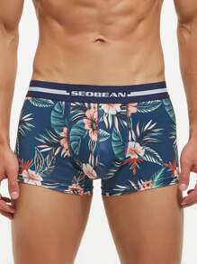 Men Tropical Print Letter Tape Waist Boxer Brief - Navy Blue - View 1