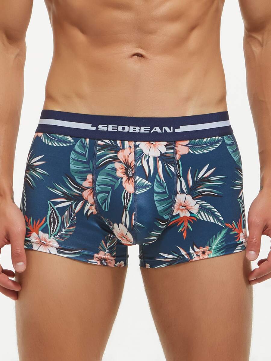 Men Tropical Print Letter Tape Waist Boxer Brief - Navy Blue - View 1