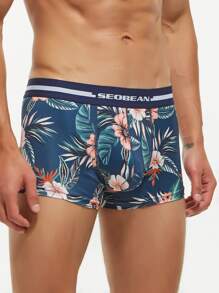 Men Tropical Print Letter Tape Waist Boxer Brief - Navy Blue - View 3