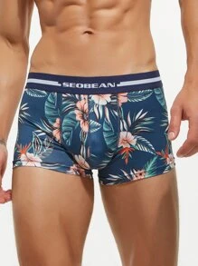 Men Tropical Print Letter Tape Waist Boxer Brief - Navy Blue - View 4